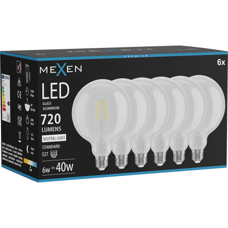 Mexen Vintis 6x żarówka filament LED E27, G125, 6W, Neutralna - 4000K, 720 lm, clear - L158-E27-0640-00x06