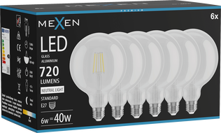 Mexen Vintis 6x żarówka filament LED E27, G125, 6W, Neutralna - 4000K, 720 lm, clear - L158-E27-0640-00x06