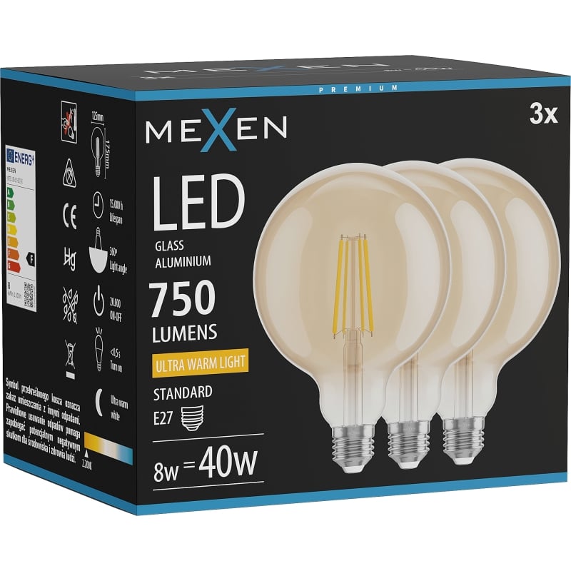 Mexen Vintis 3x żarówka filament LED E27, G125, 8W, Ciepła - 2200K, 750 lm, amber - L158-E27-0822-50x03