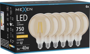 Mexen Vintis 6x żarówka filament LED E27, G125, 8W, Ciepła - 2200K, 750 lm, amber - L158-E27-0822-50x06