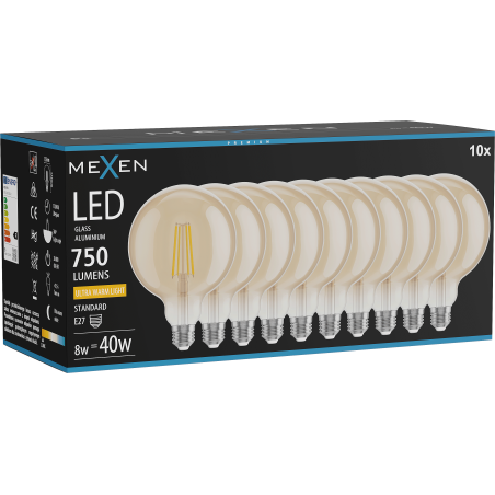 Mexen Vintis 10x żarówka filament LED E27, G125, 8W, Ciepła - 2200K, 750 lm, amber - L158-E27-0822-50x10