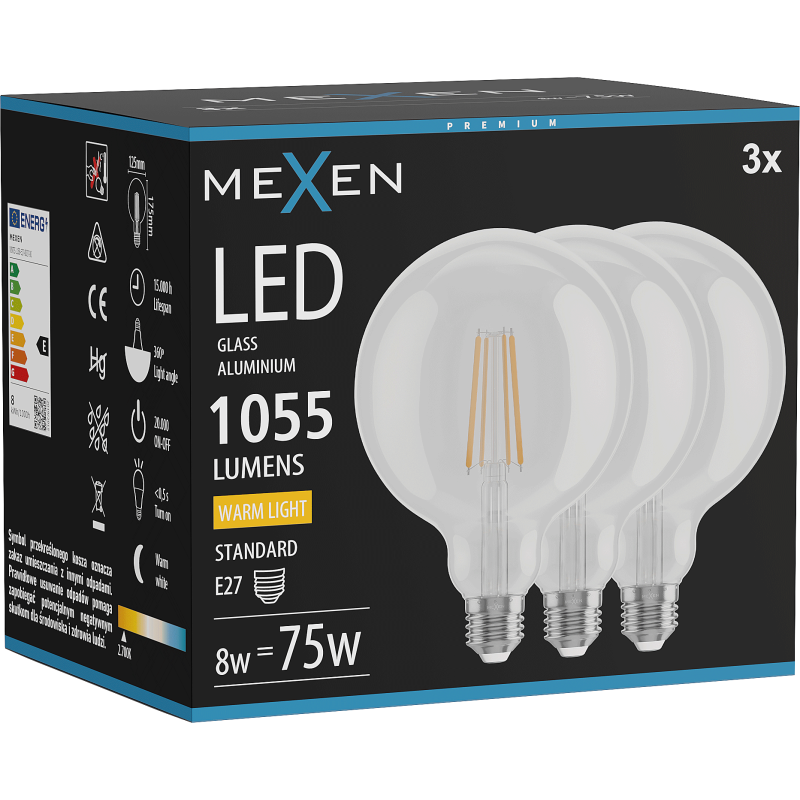 Mexen Vintis 3x żarówka filament LED E27, G125, 8W, Ciepła - 2700K, 1055 lm, clear - L158-E27-0827-00x03