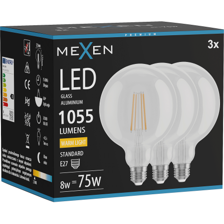 Mexen Vintis 3x żarówka filament LED E27, G125, 8W, Ciepła - 2700K, 1055 lm, clear - L158-E27-0827-00x03