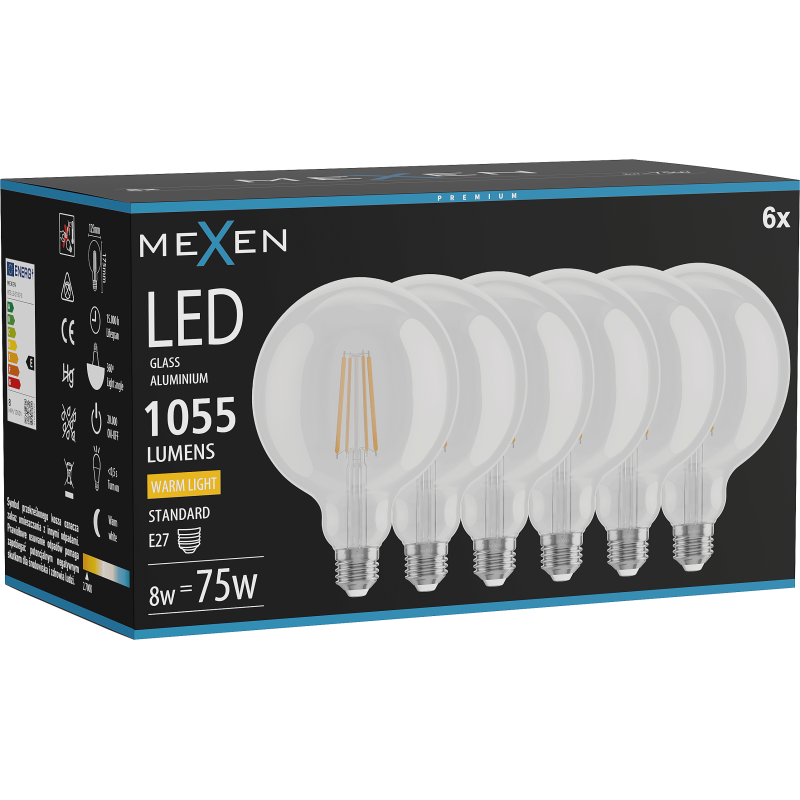 Mexen Vintis 6x żarówka filament LED E27, G125, 8W, Ciepła - 2700K, 1055 lm, clear - L158-E27-0827-00x06