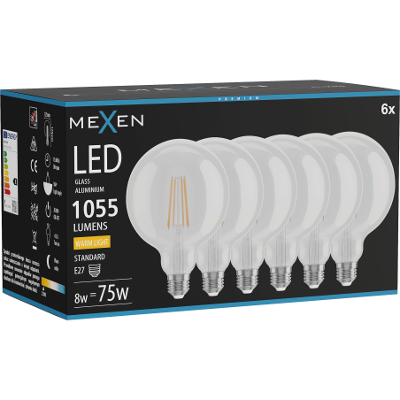 Mexen Vintis 6x żarówka filament LED E27, G125, 8W, Ciepła - 2700K, 1055 lm, clear - L158-E27-0827-00x06