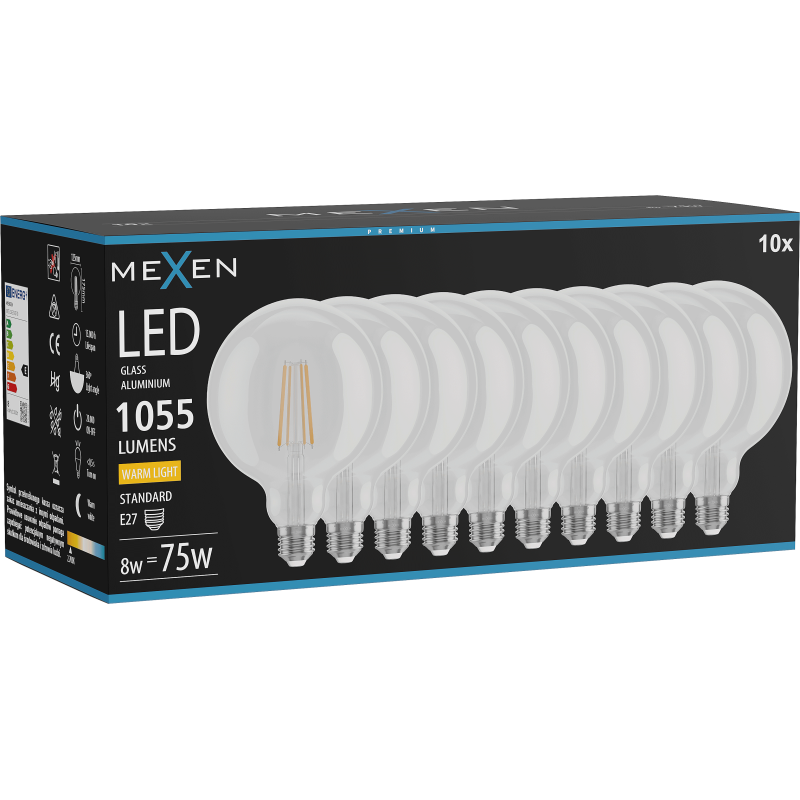 Mexen Vintis 10x żarówka filament LED E27, G125, 8W, Ciepła - 2700K, 1055 lm, clear - L158-E27-0827-00x10