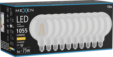 Mexen Vintis 10x żarówka filament LED E27, G125, 8W, Ciepła - 2700K, 1055 lm, clear - L158-E27-0827-00x10