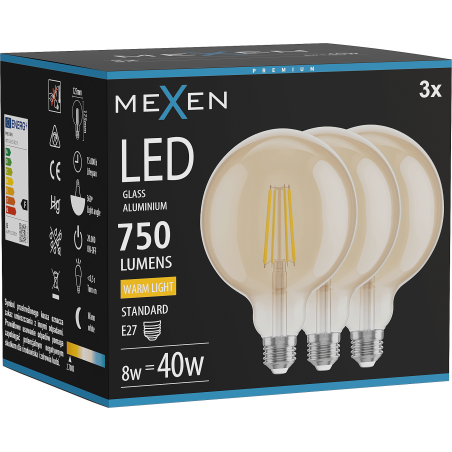 Mexen Vintis 3x żarówka filament LED E27, G125, 8W, Ciepła - 2700K, 750 lm, amber - L158-E27-0827-50x03