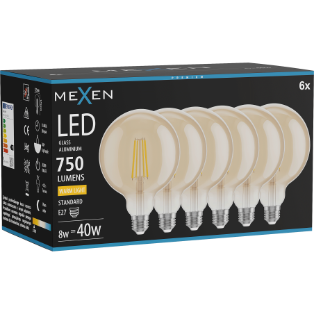 Mexen Vintis 6x żarówka filament LED E27, G125, 8W, Ciepła - 2700K, 750 lm, amber - L158-E27-0827-50x06