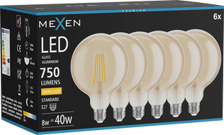 Mexen Vintis 6x żarówka filament LED E27, G125, 8W, Ciepła - 2700K, 750 lm, amber - L158-E27-0827-50x06
