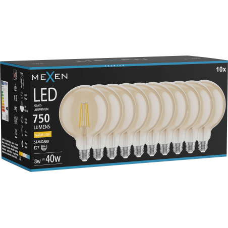 Mexen Vintis 10x żarówka filament LED E27, G125, 8W, Ciepła - 2700K, 750 lm, amber - L158-E27-0827-50x10