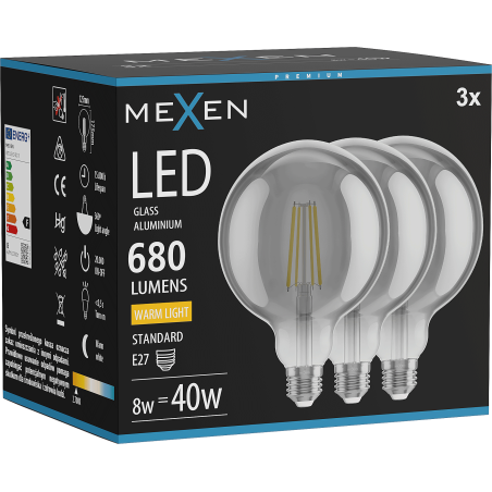 Mexen Vintis 3x żarówka filament LED E27, G125, 8W, Ciepła - 2700K, 680 lm, smoke - L158-E27-0827-70x03