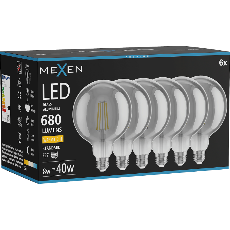 Mexen Vintis 6x żarówka filament LED E27, G125, 8W, Ciepła - 2700K, 680 lm, smoke - L158-E27-0827-70x06