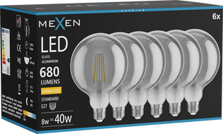 Mexen Vintis 6x żarówka filament LED E27, G125, 8W, Ciepła - 2700K, 680 lm, smoke - L158-E27-0827-70x06