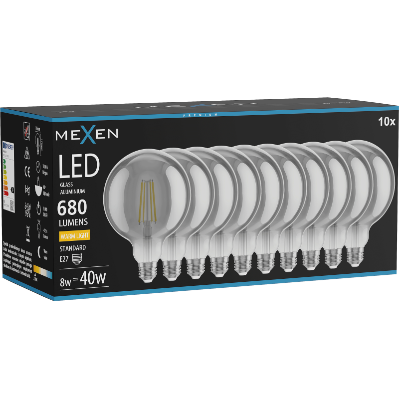 Mexen Vintis 10x żarówka filament LED E27, G125, 8W, Ciepła - 2700K, 680 lm, smoke - L158-E27-0827-70x10