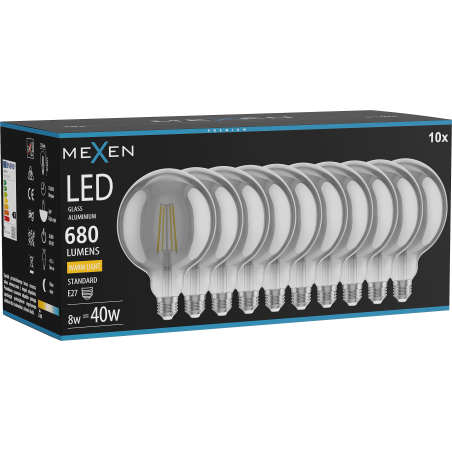 Mexen Vintis 10x żarówka filament LED E27, G125, 8W, Ciepła - 2700K, 680 lm, smoke - L158-E27-0827-70x10