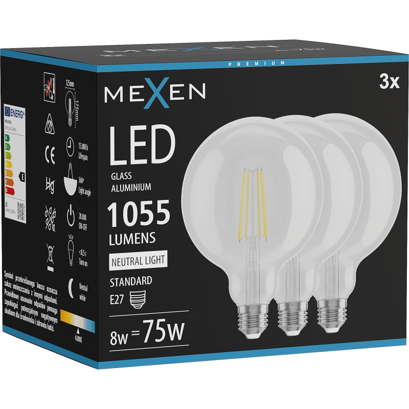 Mexen Vintis 3x żarówka filament LED E27, G125, 8W, Neutralna - 4000K, 1055 lm, clear - L158-E27-0840-00x03