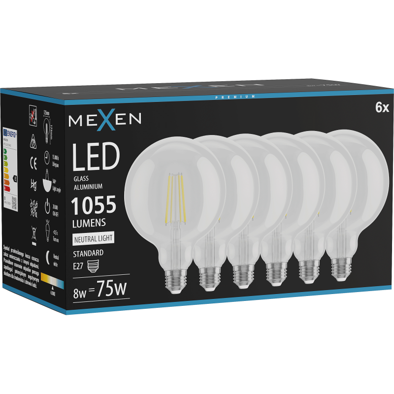 Mexen Vintis 6x żarówka filament LED E27, G125, 8W, Neutralna - 4000K, 1055 lm, clear - L158-E27-0840-00x06
