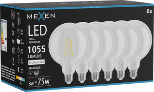 Mexen Vintis 6x żarówka filament LED E27, G125, 8W, Neutralna - 4000K, 1055 lm, clear - L158-E27-0840-00x06