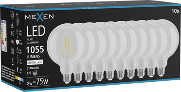 Mexen Vintis 10x żarówka filament LED E27, G125, 8W, Neutralna - 4000K, 1055 lm, clear - L158-E27-0840-00x10