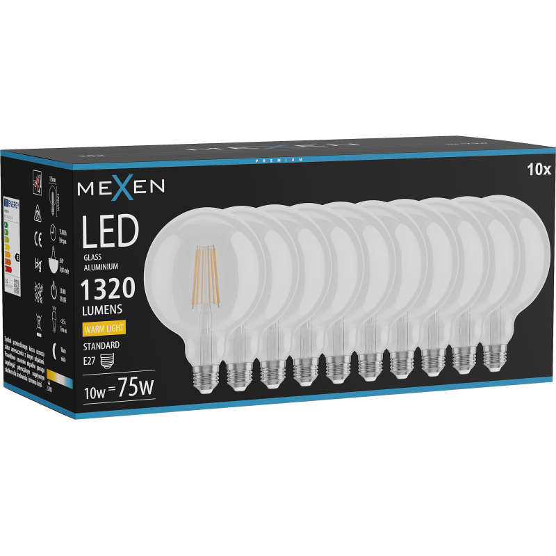 Mexen Vintis 10x żarówka filament LED E27, G125, 10W, Ciepła - 2700K, 1320 lm, clear - L158-E27-1027-00x10
