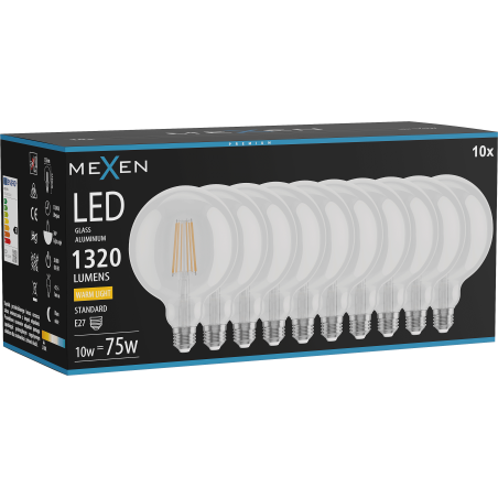 Mexen Vintis 10x żarówka filament LED E27, G125, 10W, Ciepła - 2700K, 1320 lm, clear - L158-E27-1027-00x10