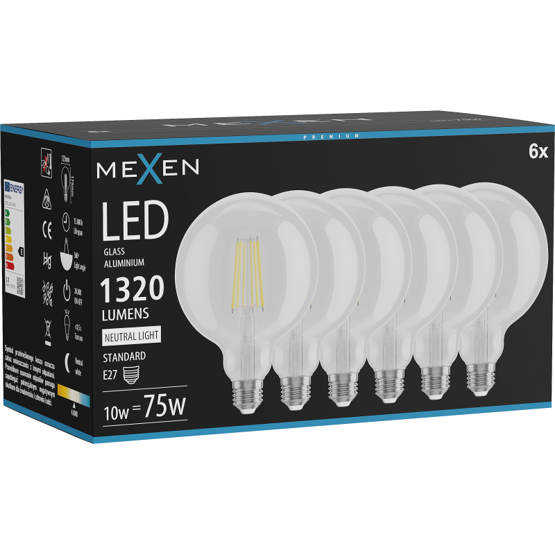 Mexen Vintis 6x żarówka filament LED E27, G125, 10W, Neutralna - 4000K, 1320 lm, clear - L158-E27-1040-00x06