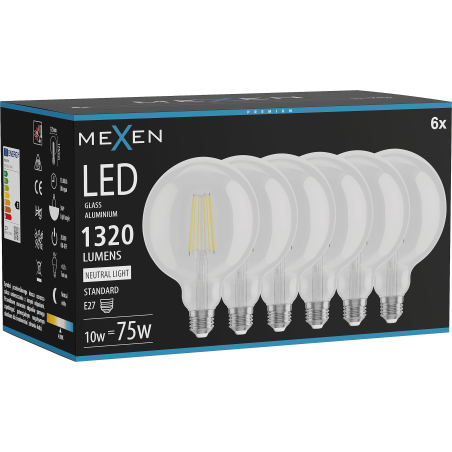 Mexen Vintis 6x żarówka filament LED E27, G125, 10W, Neutralna - 4000K, 1320 lm, clear - L158-E27-1040-00x06