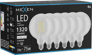 Mexen Vintis 6x żarówka filament LED E27, G125, 10W, Neutralna - 4000K, 1320 lm, clear - L158-E27-1040-00x06