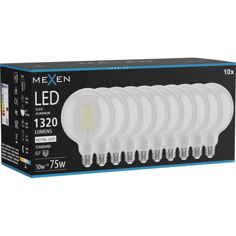 Mexen Vintis 10x żarówka filament LED E27, G125, 10W, Neutralna - 4000K, 1320 lm, clear - L158-E27-1040-00x10
