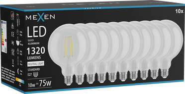 Mexen Vintis 10x żarówka filament LED E27, G125, 10W, Neutralna - 4000K, 1320 lm, clear - L158-E27-1040-00x10