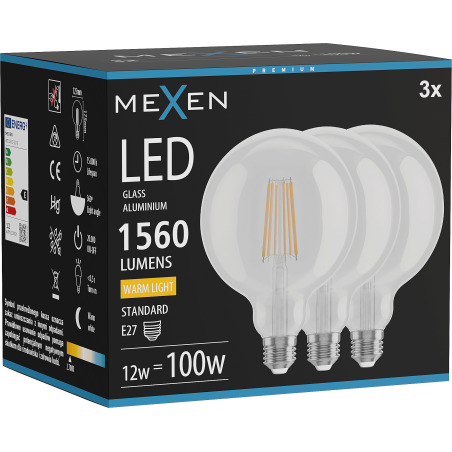 Mexen Vintis 3x żarówka filament LED E27, G125, 12W, Ciepła - 2700K, 1560 lm, clear - L158-E27-1227-00x03