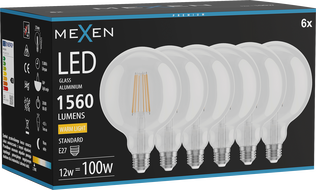 Mexen Vintis 6x żarówka filament LED E27, G125, 12W, Ciepła - 2700K, 1560 lm, clear - L158-E27-1227-00x06