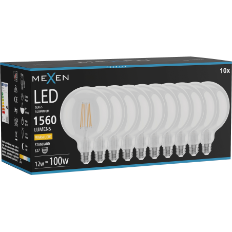 Mexen Vintis 10x żarówka filament LED E27, G125, 12W, Ciepła - 2700K, 1560 lm, clear - L158-E27-1227-00x10