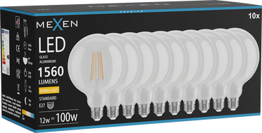 Mexen Vintis 10x żarówka filament LED E27, G125, 12W, Ciepła - 2700K, 1560 lm, clear - L158-E27-1227-00x10