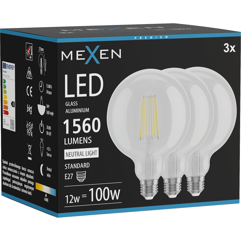 Mexen Vintis 3x żarówka filament LED E27, G125, 12W, Neutralna - 4000K, 1560 lm, clear - L158-E27-1240-00x03