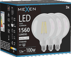 Mexen Vintis 3x żarówka filament LED E27, G125, 12W, Neutralna - 4000K, 1560 lm, clear - L158-E27-1240-00x03