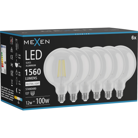 Mexen Vintis 6x żarówka filament LED E27, G125, 12W, Neutralna - 4000K, 1560 lm, clear - L158-E27-1240-00x06