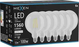 Mexen Vintis 6x żarówka filament LED E27, G125, 12W, Neutralna - 4000K, 1560 lm, clear - L158-E27-1240-00x06
