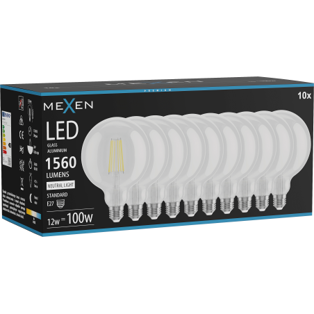 Mexen Vintis 10x żarówka filament LED E27, G125, 12W, Neutralna - 4000K, 1560 lm, clear - L158-E27-1240-00x10