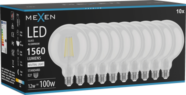 Mexen Vintis 10x żarówka filament LED E27, G125, 12W, Neutralna - 4000K, 1560 lm, clear - L158-E27-1240-00x10