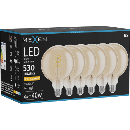 Mexen Vintis 6x żarówka filament spirala LED E27, G125, 6W, Ciepła - 2200K, 530 lm, amber - L168-E27-0622-50x06