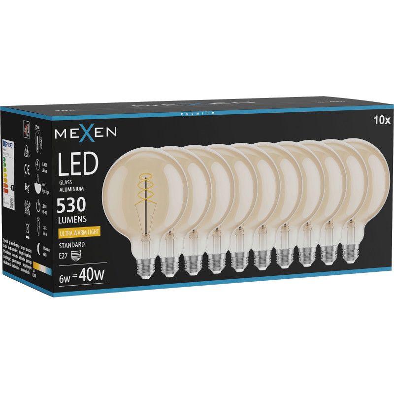 Mexen Vintis 10x żarówka filament spirala LED E27, G125, 6W, Ciepła - 2200K, 530 lm, amber - L168-E27-0622-50x10