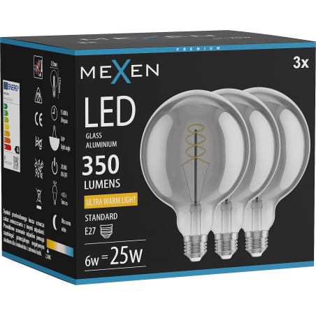 Mexen Vintis 3x żarówka filament spirala LED E27, G125, 6W, Ciepła - 2200K, 350 lm, smoke - L168-E27-0622-70x03