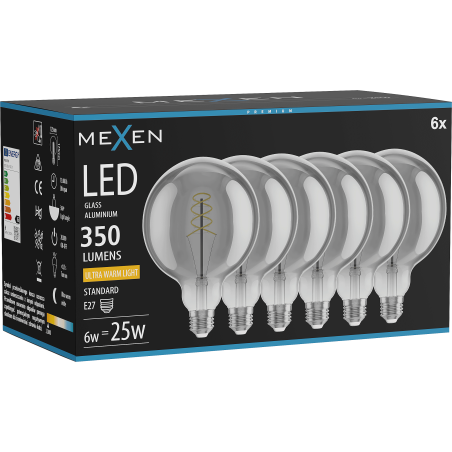 Mexen Vintis 6x żarówka filament spirala LED E27, G125, 6W, Ciepła - 2200K, 350 lm, smoke - L168-E27-0622-70x06