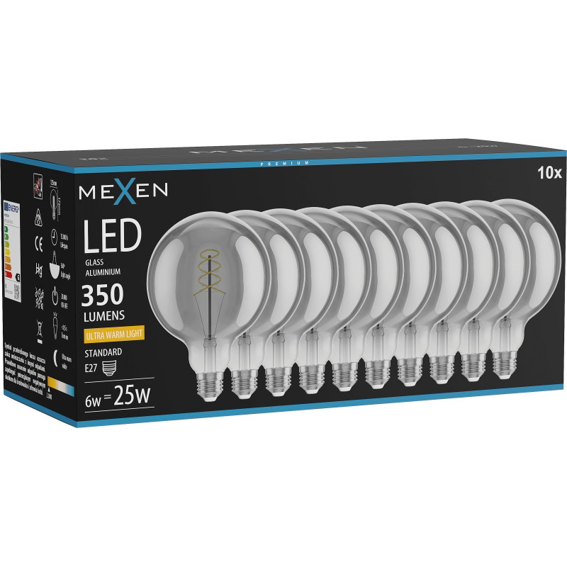 Mexen Vintis 10x żarówka filament spirala LED E27, G125, 6W, Ciepła - 2200K, 350 lm, smoke - L168-E27-0622-70x10