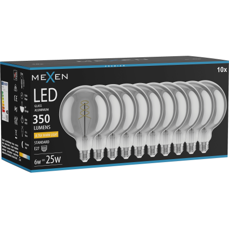 Mexen Vintis 10x żarówka filament spirala LED E27, G125, 6W, Ciepła - 2200K, 350 lm, smoke - L168-E27-0622-70x10