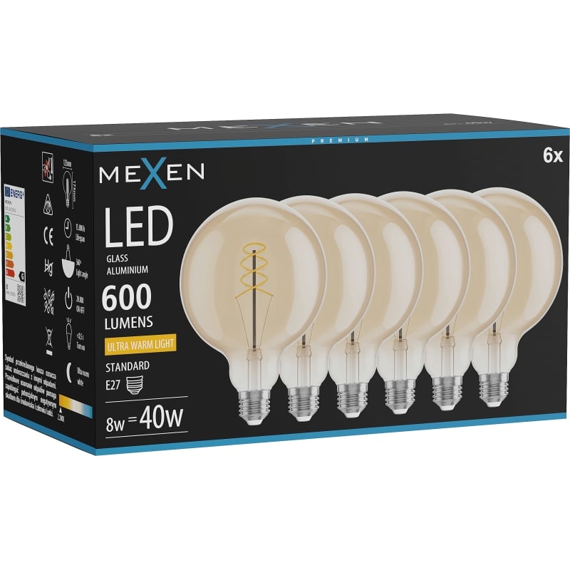 Mexen Vintis 6x żarówka filament spirala LED E27, G125, 8W, Ciepła - 2200K, 600 lm, amber - L168-E27-0822-50x06