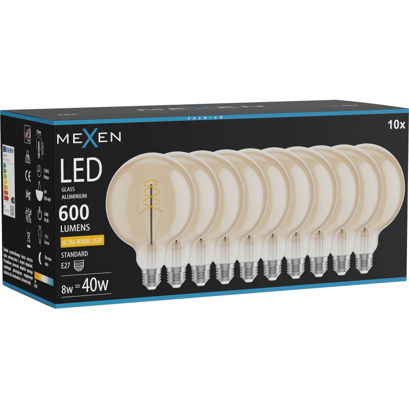 Mexen Vintis 10x żarówka filament spirala LED E27, G125, 8W, Ciepła - 2200K, 600 lm, amber - L168-E27-0822-50x10