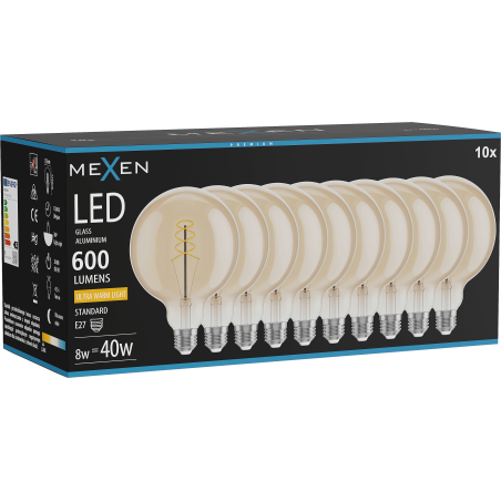 Mexen Vintis 10x żarówka filament spirala LED E27, G125, 8W, Ciepła - 2200K, 600 lm, amber - L168-E27-0822-50x10